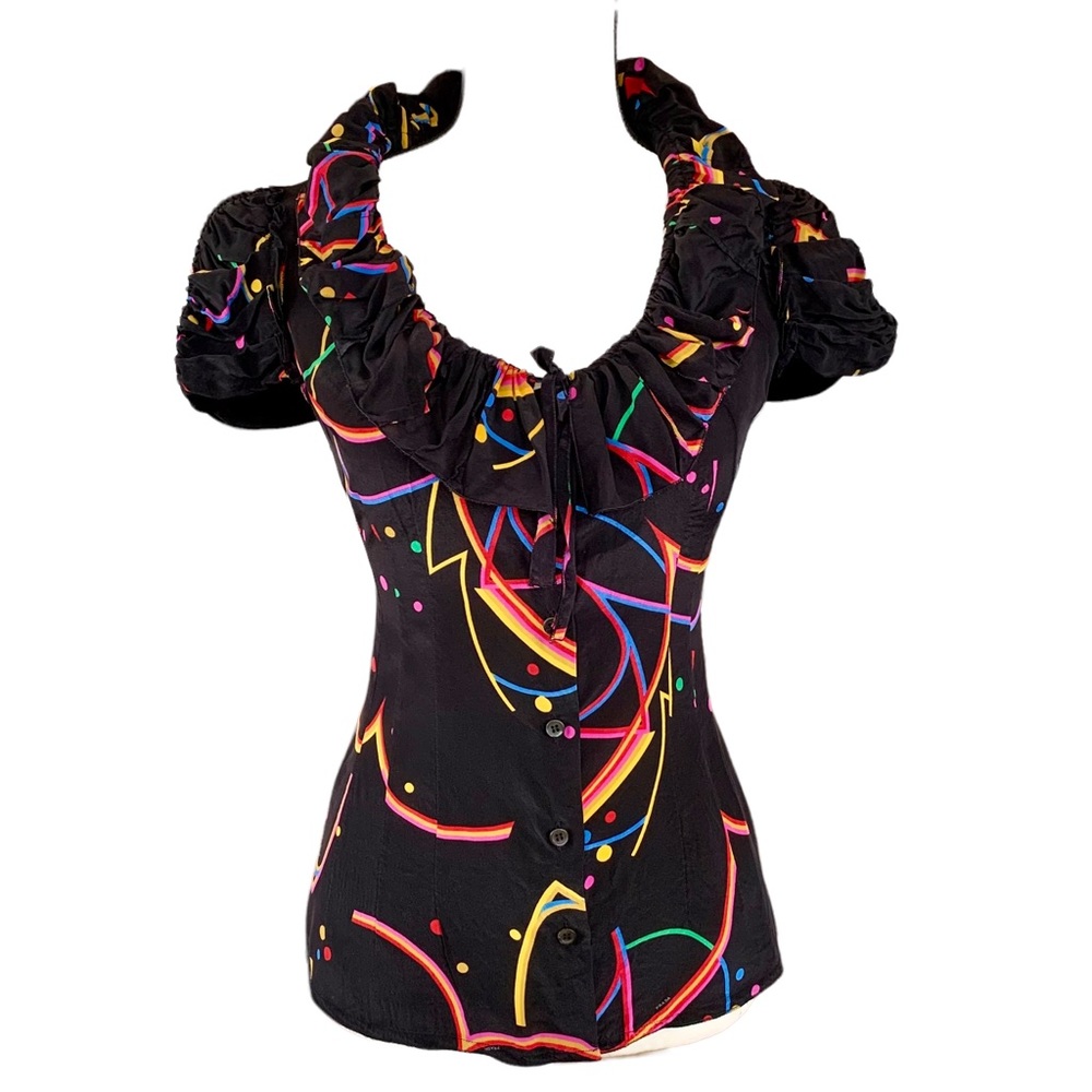 Prada Silk Retro Print Ruffle Collar Short Sleeve Blouse Top Size 44